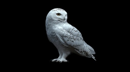 Full-body shot of a snowy owl, standing with soft white feathers contrasting against a black background.