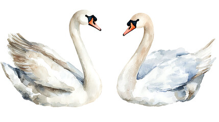 Obraz premium A collection of elegant swans hand-painted in soft watercolor style, showing various poses of the birds on white background
