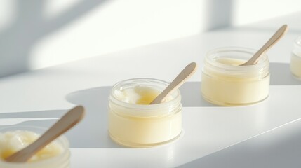 Glass jars of face cream with wooden spatulas, emphasizing natural ingredients on a white surface.