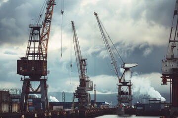 Fototapeta premium Towering industrial cranes loom over a busy harbor, framed by dramatic clouds and a bustling cityscape, highlighting modern urban industry.