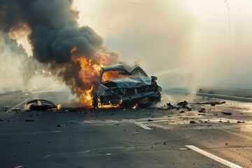 A car engulfed in flames under a smoky sky, capturing a dramatic and tense moment on an open road.