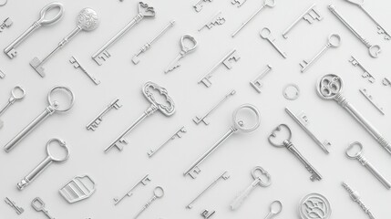 Naklejka premium Group of assorted keys of various shapes and sizes scattered on a clean white surface.