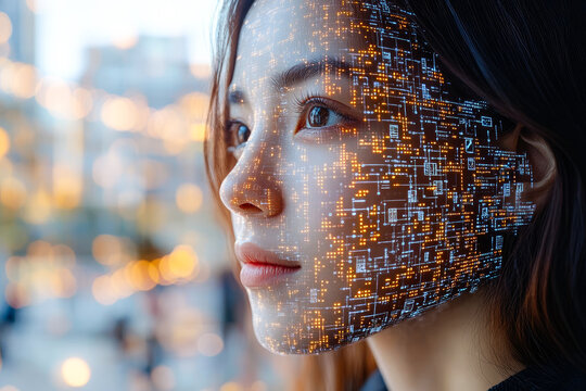 A woman's face partially overlaid with intricate circuitry patterns, combining human expression with digital elements beautifully.