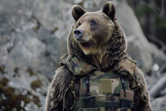 A bear, suited in camo gear, gazes confidently, merging wilderness with the surreal audacity of artistry.