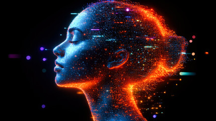An ethereal digital woman's profile is illuminated by bright, abstract color patterns, capturing the essence of technology and art.