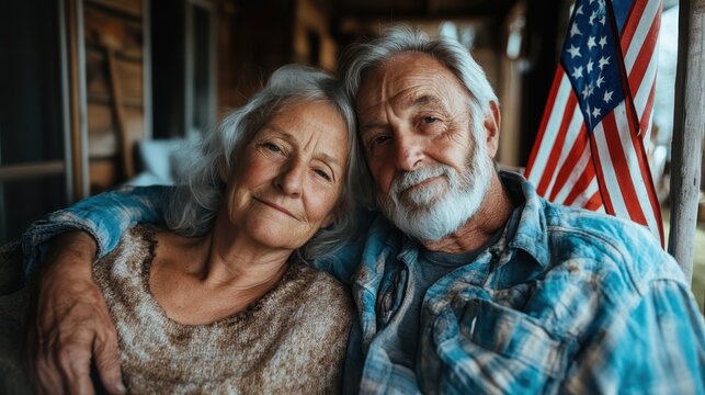 A loving older couple embraces on a front porch, with an American flag in the background, highlighting patriotic themes and a sense of home and belonging.