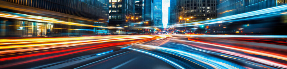 Naklejka premium City Lights, Motion Blur: Dynamic urban streetscape at night, vibrant light trails, capturing the energy and speed of city life. A mesmerizing blend of color and motion. 