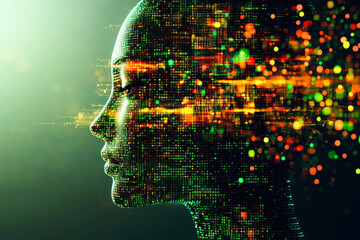 A human profile overlaid with green matrix-style lines representing the digital matrix and modern technological landscape.