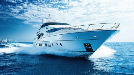 Fototapeta premium A luxury yacht speeding through the ocean, with a clear blue sky above and white waves behind, representing the ultimate vacation and water adventure
