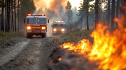 Two fire trucks race down a dusty path to combat a blazing forest fire, illustrating urgency, danger, and the heroic efforts of firefighters in a woodland setting.