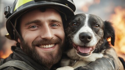 A joyful firefighter, holding a black and white dog, stands heroically against a backdrop of intense flames, embodying courage and joy in perilous conditions.