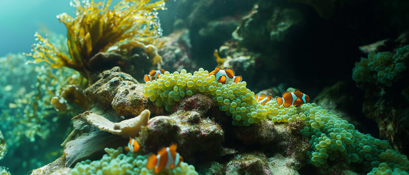 AI generator images of Clownfish looking for plankton and food near sea grapes or green cavier seaweed on the coast of sea, ocean
