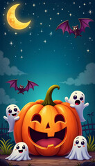 halloween background with pumpkin and bats a halloween poster with a full moon   Halloween Greeting Card Poster Ecard  