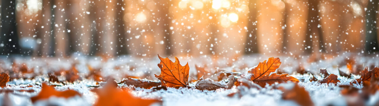 Colorful autumn leaves with first winter snow in the forest. Concept of winter coming and autumn leaving.