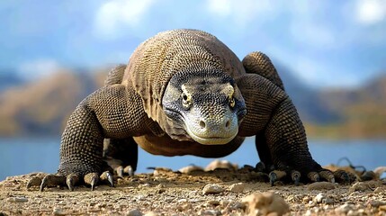 Obraz premium A close-up of a Komodo dragon on a rocky surface near water.