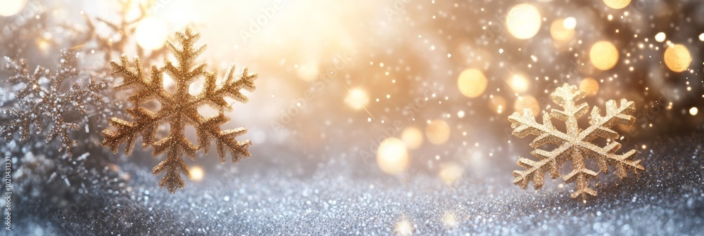 Aufkleber golden snowflake decorations in a glittery snow scene with glowing bokeh lights. festive background 