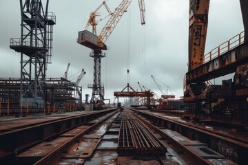 A busy, industrial shipyard with towering cranes, metal tracks, and overcast skies creating a gritty urban landscape.