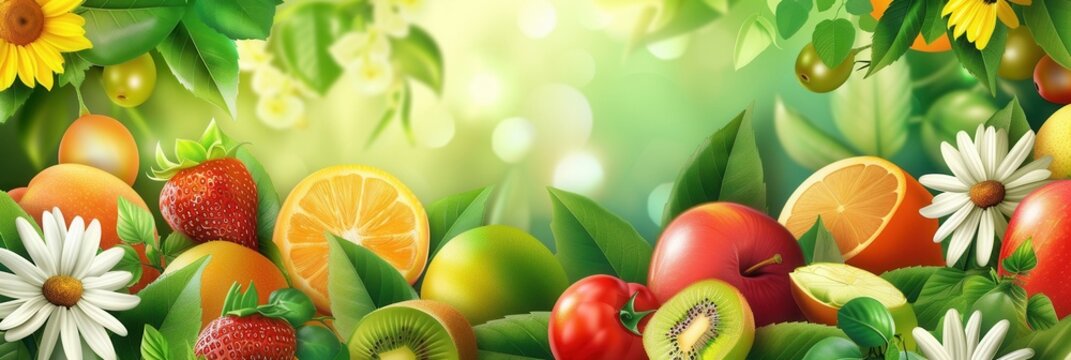 Bright fruits like strawberries, oranges, and kiwis complement the colorful flowers, creating a lively garden atmosphere under sunlight. Generative AI