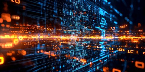 Abstract digital data flow with glowing binary code elements.