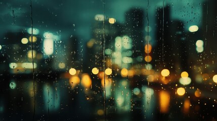 Fototapeta premium A night city scene captured through the lens of soft, blurred bokeh lights, with raindrops adding a nostalgic, atmospheric feel to the urban landscape