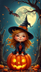 a little witch sits on a pumpkin with a full moon behind her  - 17 - Halloween Greeting Card Poster E-card Trick or Trink
