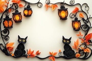 Fototapeta premium Quilled Black Cats and Paper-Cut Lanterns on a Detailed Halloween Border for Festive Decorations