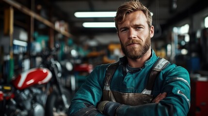 Fototapeta premium A relaxed mechanic stands in an auto garage with arms crossed, showcasing confidence and skill in a setting filled with motorcycles and industrial equipment around him.