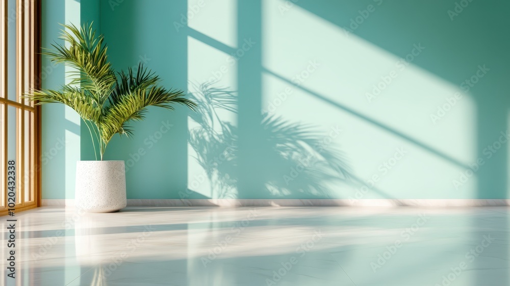 Wall mural a bright room filled with sunlight, showcasing a vibrant green plant in a white pot, casting intrica