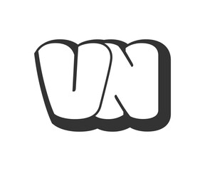 VN logo, bubble comic lettering, rounded in graffiti style black and white silhouette. Trendy preschool V and N letter text for festival party, personal initials, children funky print and web.