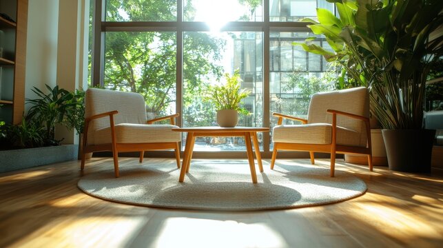 A light-filled room offers elegant seating arrangements and a variety of indoor plants, creating a harmonious blend of comfort and nature.