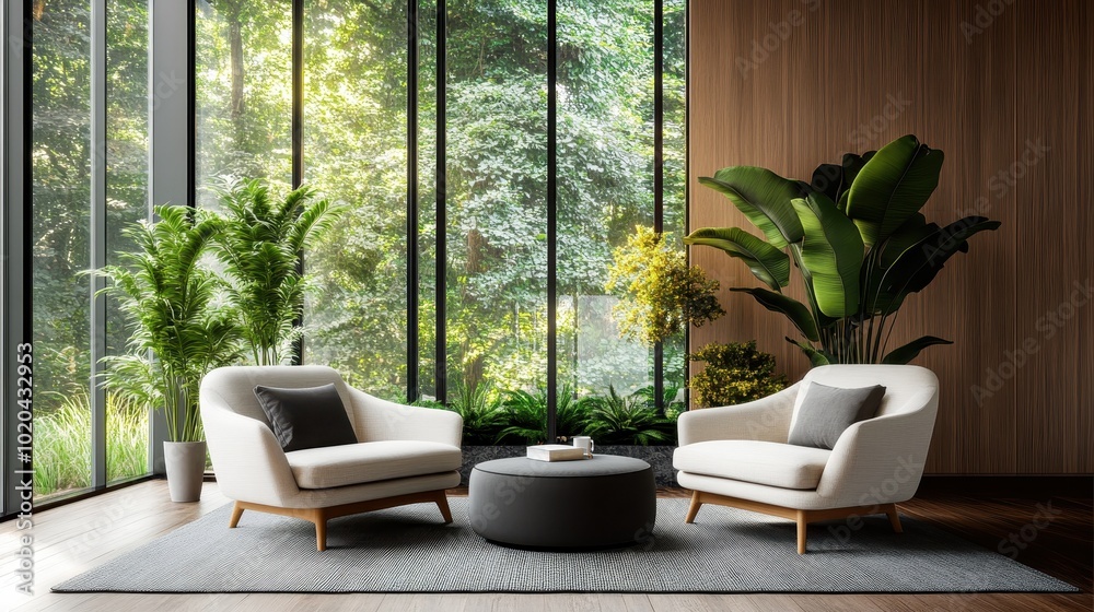 Canvas Prints this minimalist lounge area presents two cream chairs, lush greenery, large windows, and a round ott