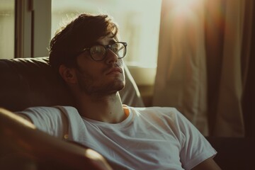 Fototapeta premium A young man in glasses sits in deep thought on a couch, bathed in warm sunlight streaming through a window.