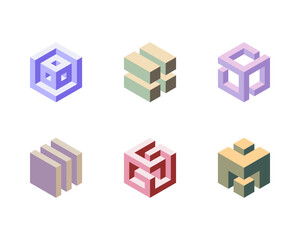 Cube logo, geometric vector design. Set box logotype company, trendy techno emblem in isometric 3D style.