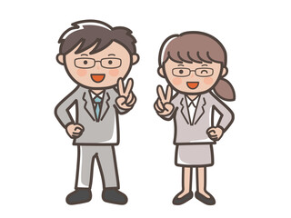 笑顔でピースをする若い男女ビジネスマンのイラスト_メガネ男子とメガネ女子