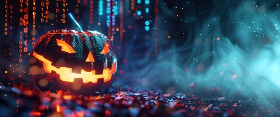A glowing jack-o'-lantern rests on colorful fallen leaves, surrounded by streams of binary code in a misty, digital landscape, merging Halloween with technology