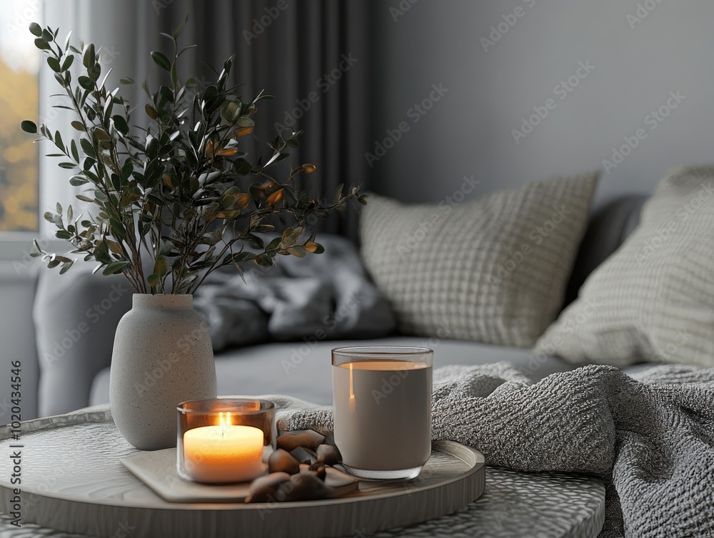 Poster Cozy atmosphere with warm drink and candles on grey sofa