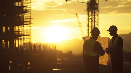 Blurry construction site in the background with engineers in silhouette, reviewing blueprints as the sun sets