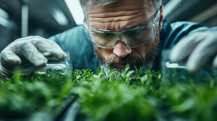 A botanist leans closely to inspect the growth of small plants in a lab environment, highlighting dedication to understanding botanical processes and natural growth.