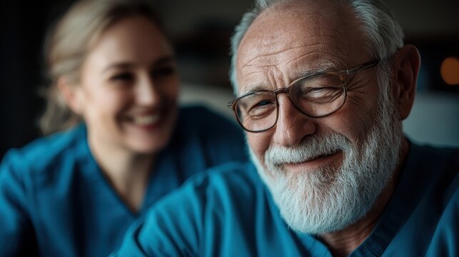 A senior man and a cheerful nurse share a bright smile in a hospital setting, embodying health, care, and warmth in a professional healthcare environment.