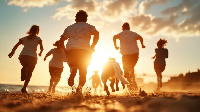 A group of people are joyfully running on the sandy beach with a dog during a beautiful, golden sunset, experiencing freedom and happiness in nature's embrace.