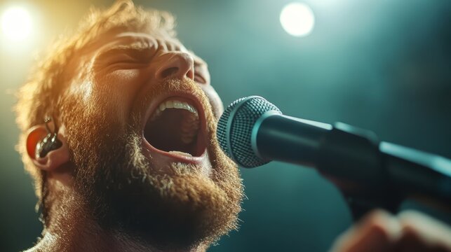 A bearded man shouts energetically into a microphone onstage under dramatic lights. The scene captures raw emotion and the thrill of live performance.
