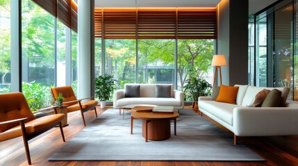 This chic lounge showcases large windows that allow natural light to brighten the room, combined with soft lighting and elegant furniture for a relaxing atmosphere.