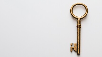 Shiny brass key on a white background, symbolizing success, opportunity, and new beginnings.