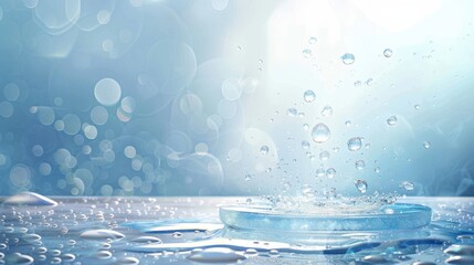 Clear round podium with water droplets and splashes, set against a soft blue background with a bokeh effect. Perfect for fresh and modern product presentations