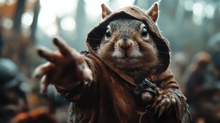 Depicted in a woodland scene, this adventurous squirrel wears a cloak and extends its arm, suggesting exploration and curiosity blended with playful fantasy.