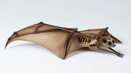 Single bat, lying flat with wings spread, showcasing its skeletal wing structure, on a white background.