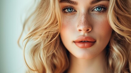 Naklejka premium Close-Up of a Young Woman with Blonde Hair, Freckles, and Blue Eyes
