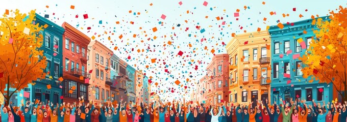 Diverse group of people standing together in an urban street with colorful buildings and trees in the background Generative AI