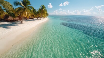 Fototapeta premium A breathtaking image of a tropical beach with crystal clear waters and a pristine sandy shoreline, surrounded by lush palm trees, creating a paradise-like feel.