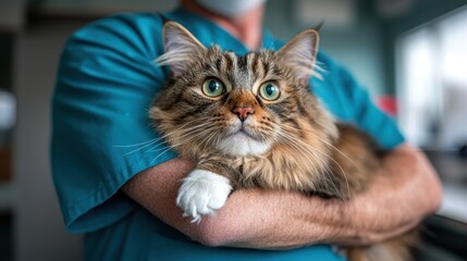 A veterinarian in teal scrubs cradles a fluffy tabby cat, conveying warmth and trust, key elements in a veterinary environment focused on animal welfare.